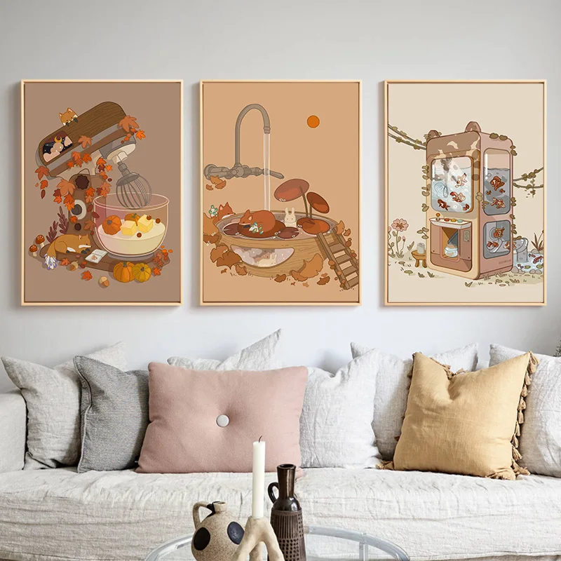 Little Fresh Illustration Canvas Poster Lovely Cartoon Family Thing Wall Art Pictures for Living Room Bedroom Modern Home Decor