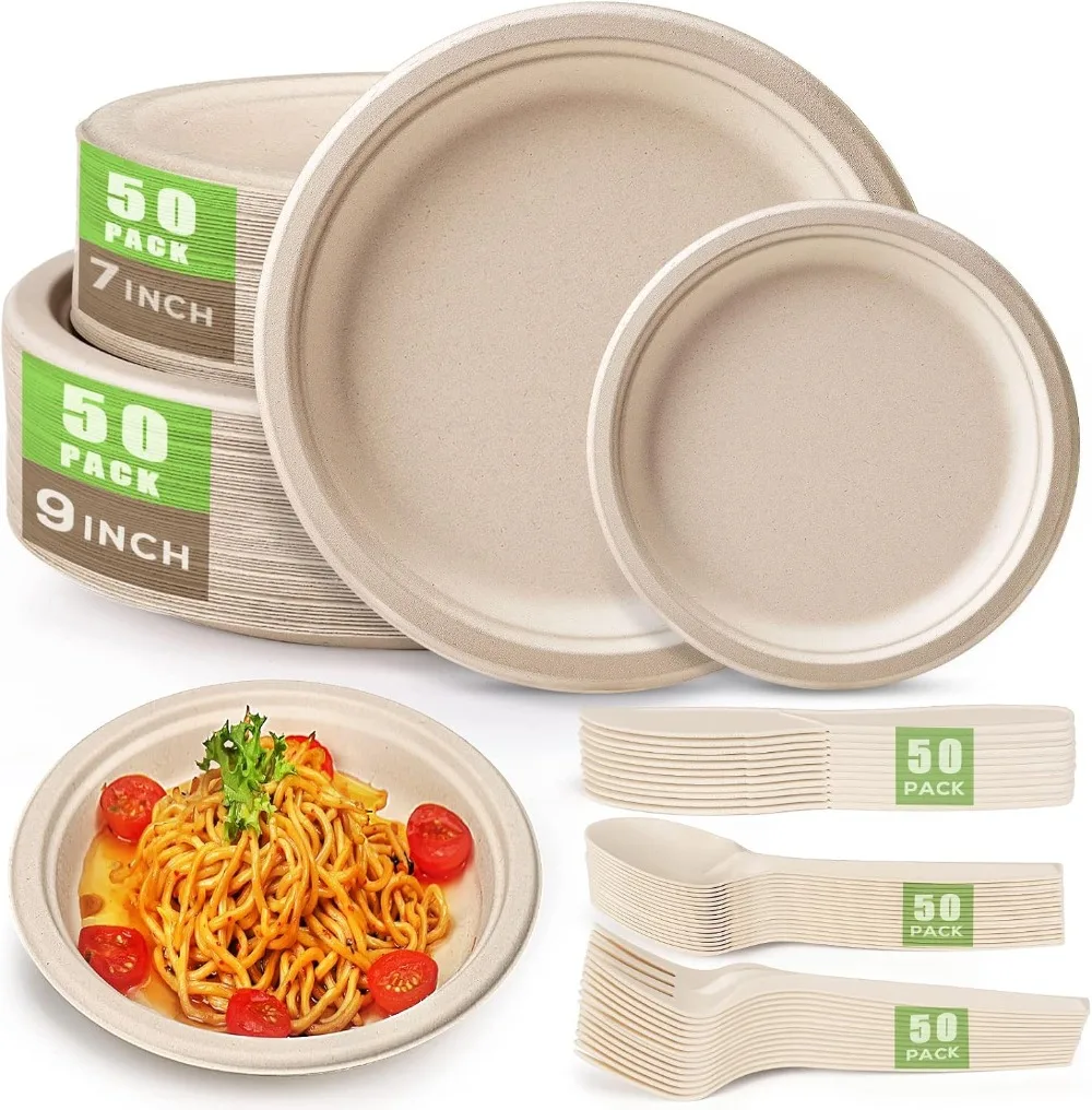 

Gezond 250Pcs Disposable Paper Plates Set, Compostable Plate Sugarcane Utensils Eco Friendly Dinnerware Kit Includes 50 Biodegra