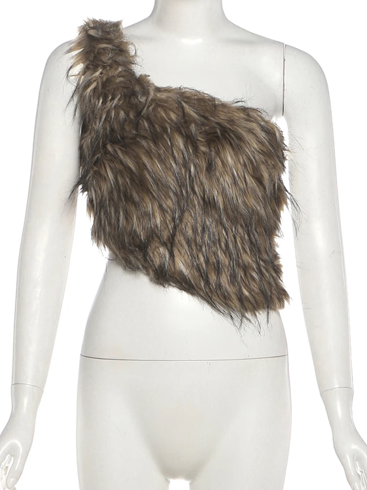 Nibber Off-Shoulder High Street Tank Tops Women Sexy Furry Coquette Simple Midnight Party Clubwear Hottie Wild Fashion Vests