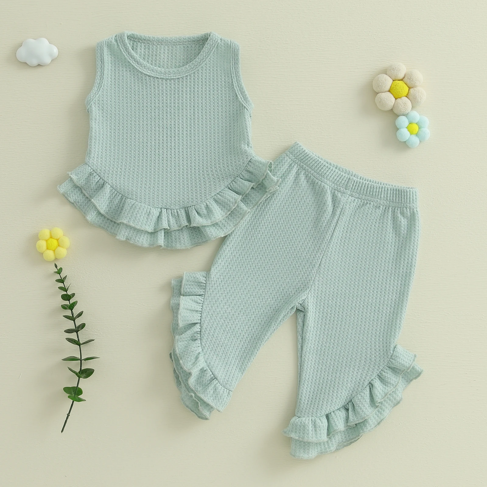 FOCUSNORM 0-4Y Fashion Kids Girls Summer Clothes Sets Solid Waffle Sleeveless Ruffled Tank Tops with Long Pants