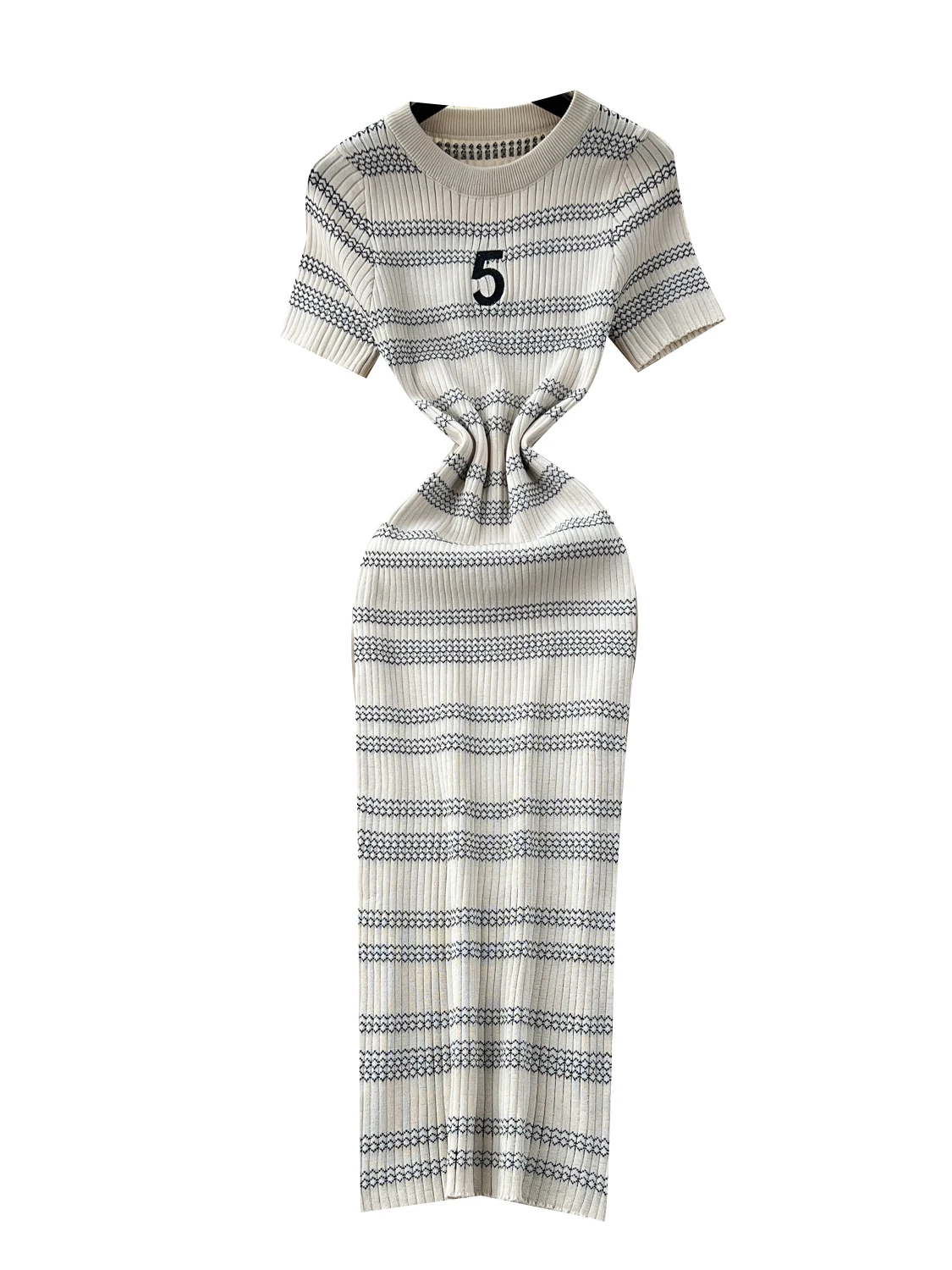 Slim Fit Striped Knitted ort Sve round Ne Dr Women's High Waist A-Line Dr Commute Sle Korean Version Summer Dr