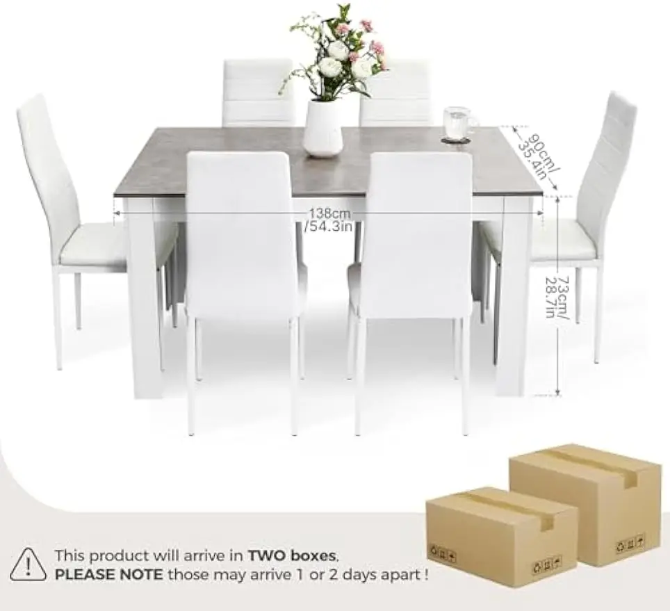 7-Piece Dining Table Set – Rectangular Kitchen Table with 6 High-Back Faux Leather Chairs 4