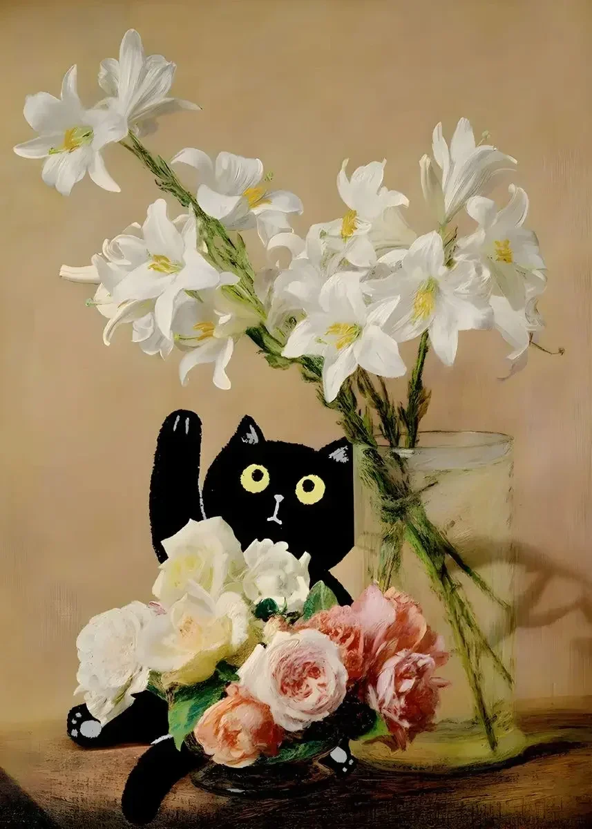 Whimsical Starry Night Cat Canvas Art - Colorful Abstract Floral Decor