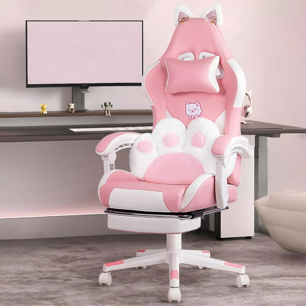 Pink Gaming Chair Cute with Cat Ears and Cat Paw Lumbar Cushion 1