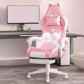 Pink Gaming Chair Cute with Cat Ears and Cat Paw Lumbar Cushion 1