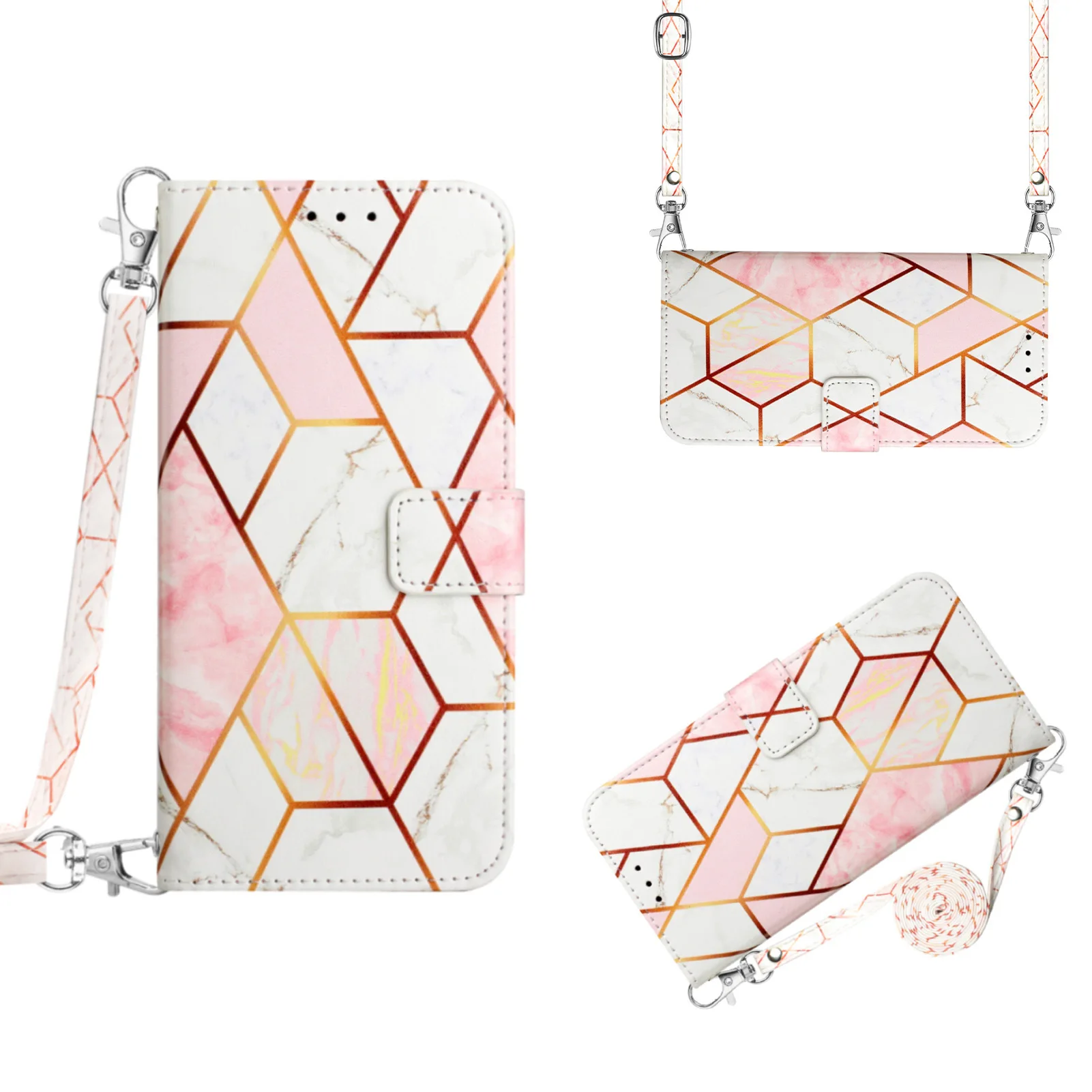 Luxury Marble Leather Crossbody Book Case with 3 Card Holder & Wrist Rope Wallet Cover