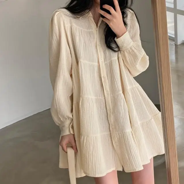 

Dress Polo Collar Korean Spring Minimalist Style Lapel Fold Loose Single Breasted Bubble Sleeve Short Doll Dress