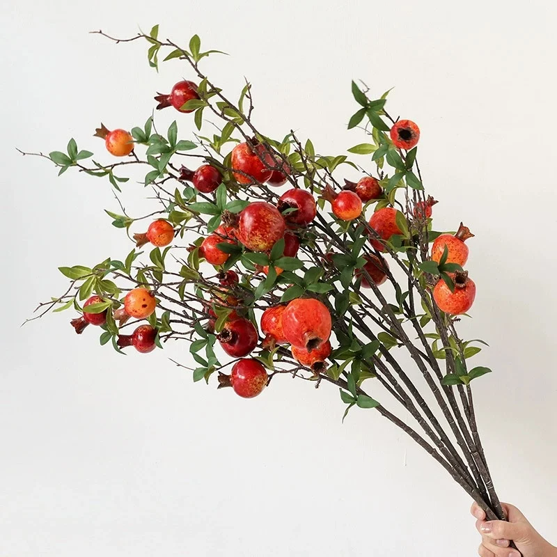 3 Stück lebensechte künstliche Granatapfelblüten mit 6 Früchten, künstlicher Granatapfel, langer Zweig mit grünen Blättern, Raumdekoration für Hochzeiten