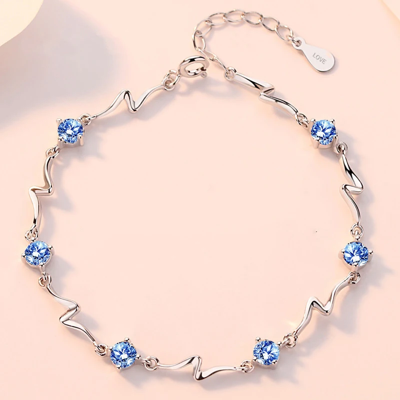 Fashion Jewelry Fashion Bracelet Korean Fashion Blue White Zirconia Elegant Sweet Delicate Silver Color Ladies Jewelry Wedding Party Bracelet