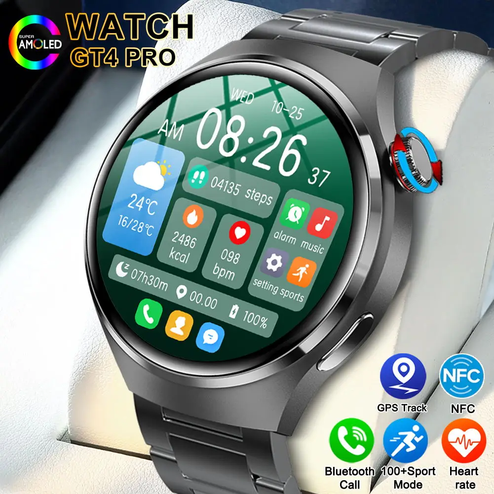 2024 New GT4 PRO Smart Watch Men Watch 4 Pro AMOLED HD Screen Bluetooth Call GPS NFC Tracker Heart rate BloodSugar SmartWatches