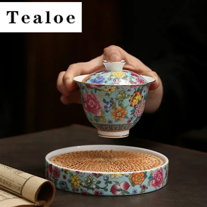 Chinese Enamel Color Ceramic Gaiwan Pot Bearing Handmade Flowers Porcelain Tea Bowl Teacup Household Tea Infuser Travel Teaware