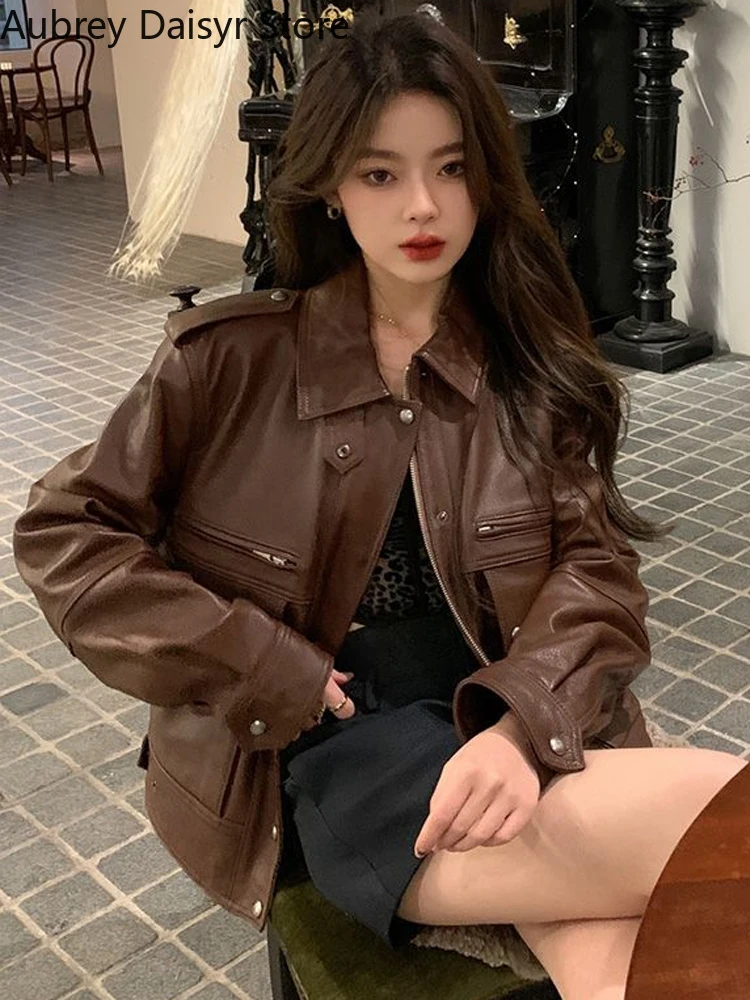 Vintage Black Leather Jacket Women Punk Streetwear Biker