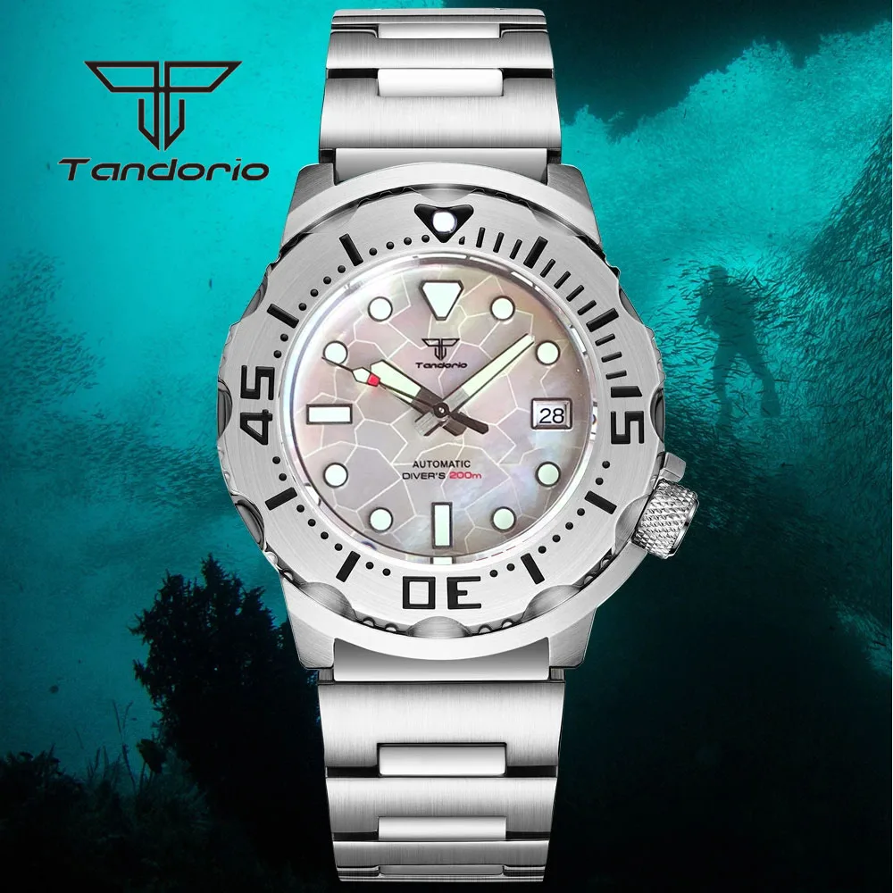 Tandorio NH35A Date Mother of Pearl Dial 42mm Monster 20ATM Dive Mechanical Automatic Watch for Men AR Sapphire Glass 3.8 Crown tandorio diving automatic watch for men nh35a movement 20atm auto date 200m water resist 39mm sapphire crystal screw in crown