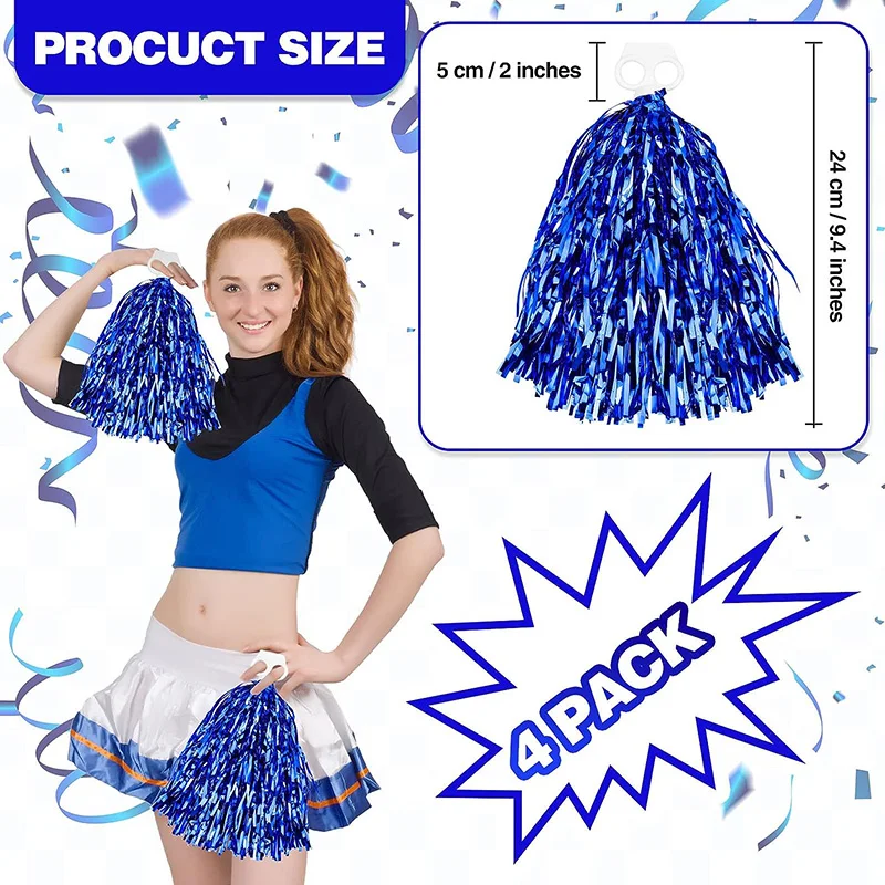 4Pcs Cheerleading Pom Poms for Kids Adults Non-Fading Metallic Streamer Pompoms Cheerleader Hand Flowers Dancing Team Sports