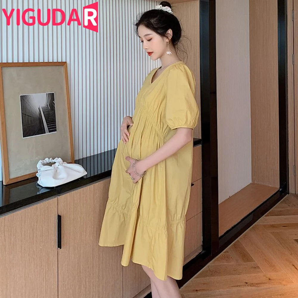 

New Summer Pregnant Dress Ruffle Straight Cut Maternity Cotton Linen Dress Invisible Zipper Breastfeeding Clothes vestidos