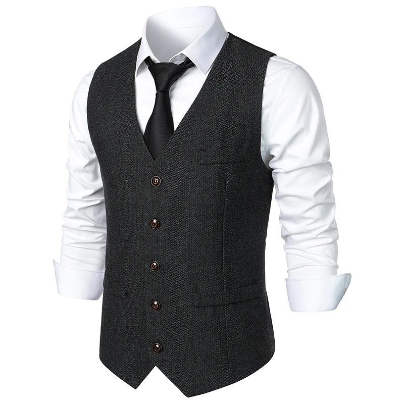 Mens Vest Slim Fit Sleeveless Wool Tweed Waistcoat Men Double Breasted Herringbone Tweed Vest Men Business Casual Gilet XXL dress vests