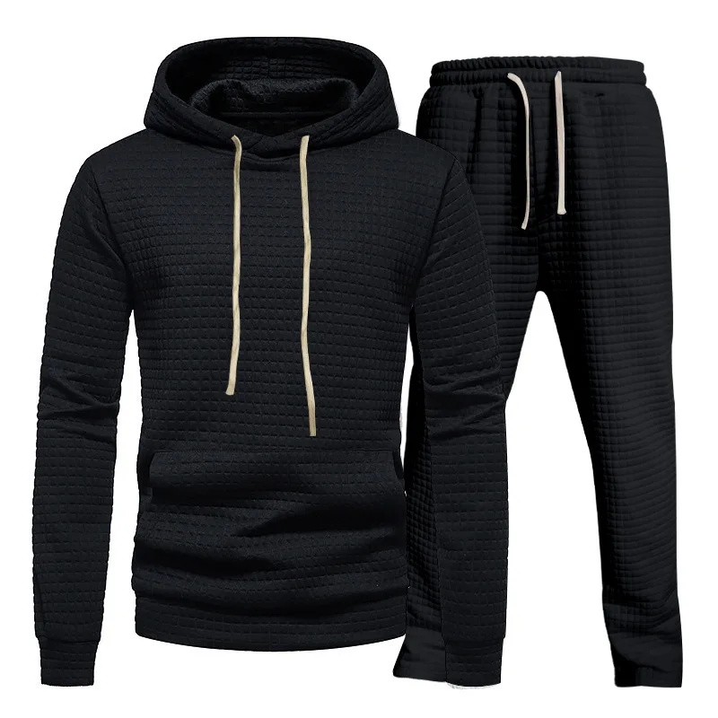 Autumn Men's Jacquard Small Square Hooded Sweater Trousers Casual Sports Suit