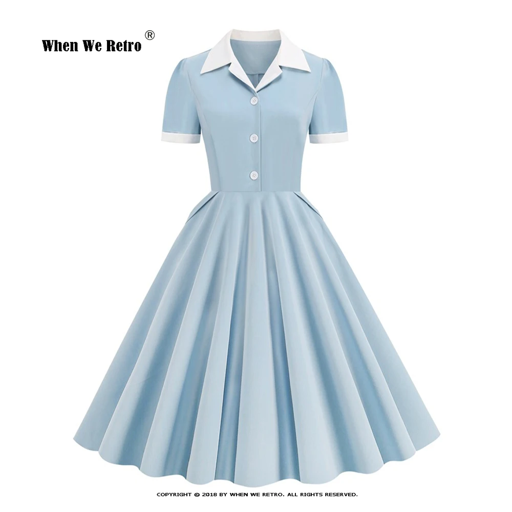 

Women Solid Color Summer Vintage Dress Button Front Turn Down Collar Large Swing Office Party Sundress Pin Up Plus Robe VD3327