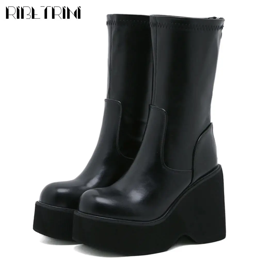 

RIBETRINI Punk Gothic High Heel Wedges Mid Calf Platform Boots Woman Zip Designer Luxury Trendy Brand New Cool Motorcycle Shoes