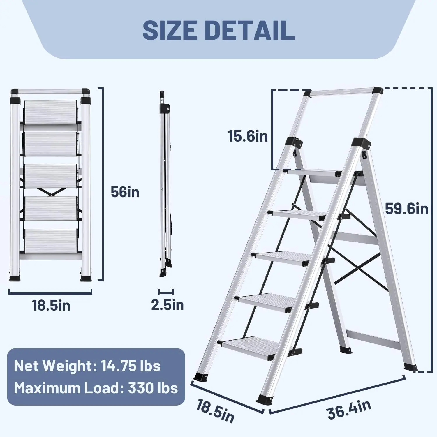 New 5 Step Ladder Retractable Handgrip Folding Step Stool with Anti-Slip Wide Pedal Aluminum Stool Ladders 5 Steps 330lbs Safety images - 6