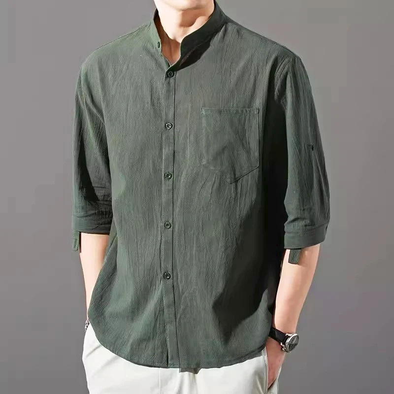 Three Quarter Sleeve Shirts Summer Cotton Linen Men's Solid Color Stand-Up Collar Casual Beach Style Shirt Tops