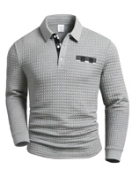 Polo carré à carreaux pour hommes, tissu texturé, couleur unie, hauts à manches longues, boutons à carreaux, Patchwork, col Henley 4