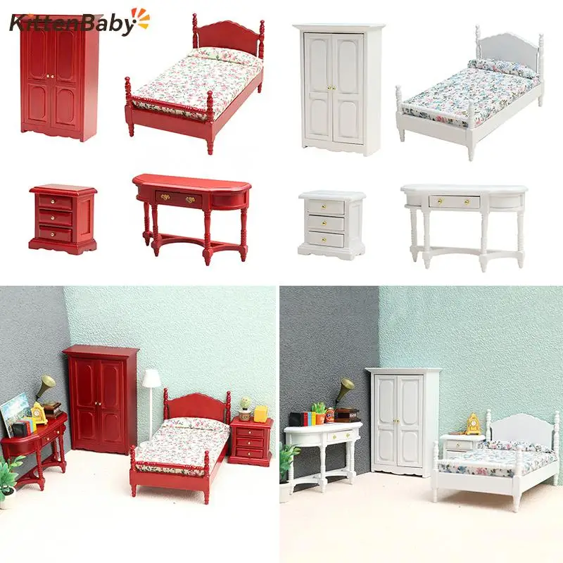 

Simulation Furniture Model Mini Wood Bed With Drawer Bedroom Set Miniature Scene Decoration 1:12 Dollhouse Accessories