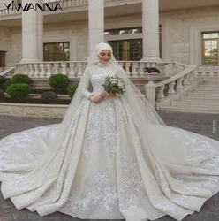 Muslim Long Sleeve Bride Gown Elegant Classic Floor-length A-line Wedding Gown Sparkly Appliques SequinsBride Robe