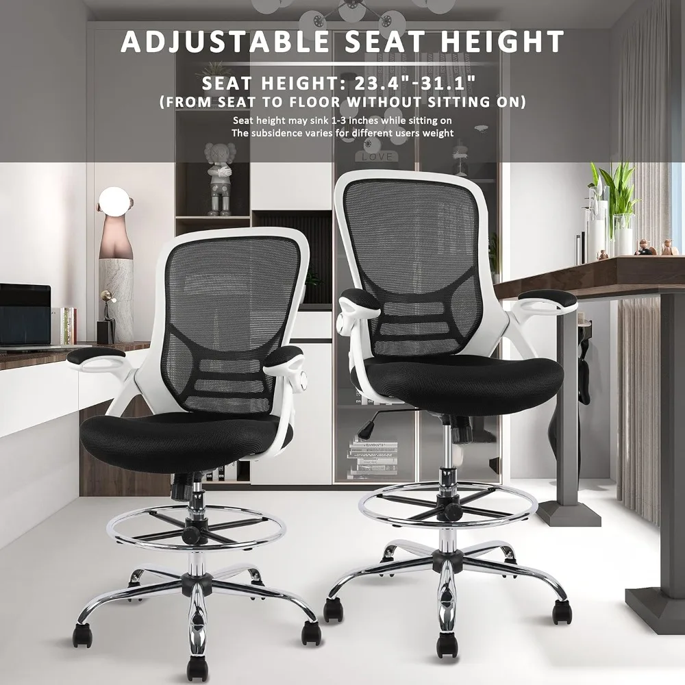 "ergonomic mesh swivel stool with adjustable footrest, flip-up armrests, white and black for standing desks"