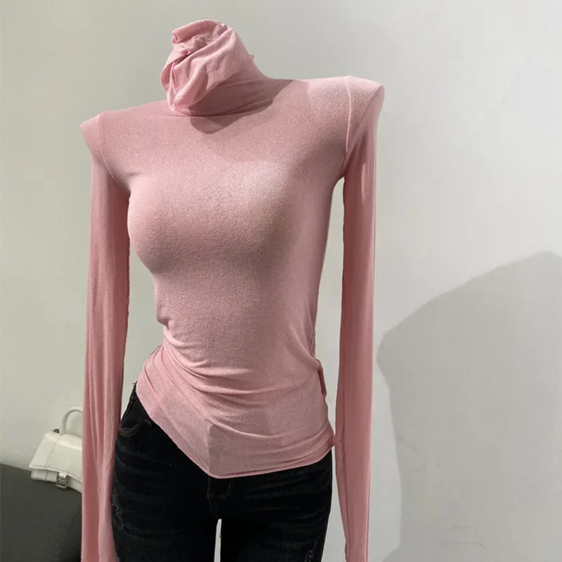Thin Soft American Long Sleeve T-shirt High Stacked Neck Tight Perspective Bottom Shirt Women's Slim Fit Tops Sexy Streetwear
