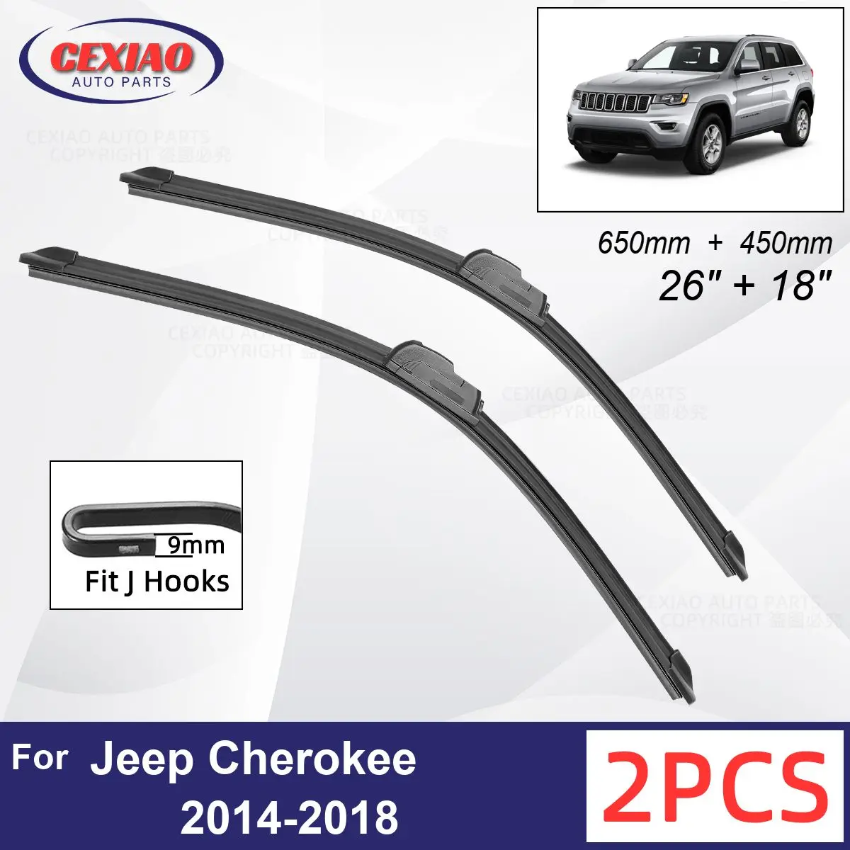

Автомобильный стеклоочиститель для Jeep Cherokee 2014-2018, передние стеклоочистители, мягкие резиновые стеклоочистители для автомобильного лобового стекла 26 дюймов + 18 дюймов 650 мм + 450 мм
