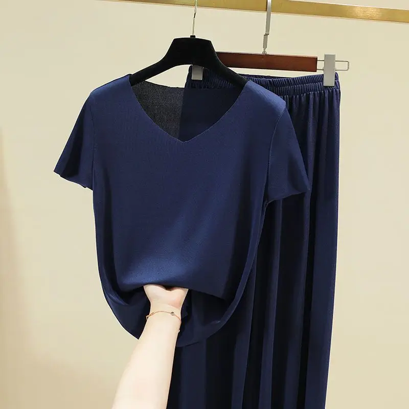 Sommer frauen Hosen Anzug Lose Ice Silk Kühlen Dünne Top Breite Bein Hosen Homewear Casual Einfache Sexy Pjs frauen Pyjamas Nachtwäsche – Detail 9