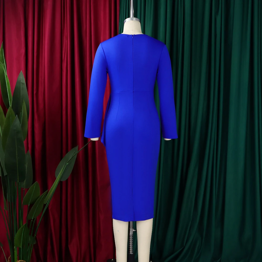 Neuestes Design Frühling Casual Bodycon Midikleid V-Ausschnitt Langarm Gerafftes Elegantes Afrikanisches Kleid für Büro und Kirche – Detail 12