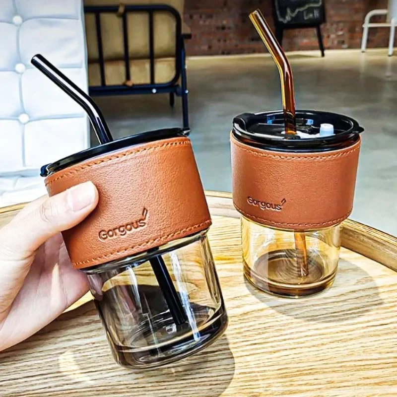 Creative 400ml Double-Mouth Glass Water Bottle with Lid and Straw