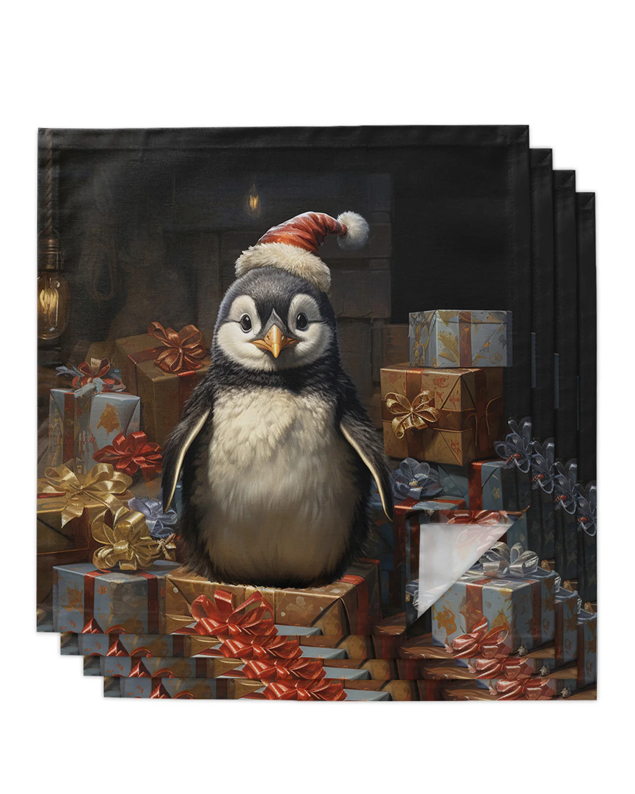 

Christmas Oil Painting Gift Penguin Table Napkins Cloth Set Handkerchief Wedding Party Placemat Xmas Banquet Tea Napkins