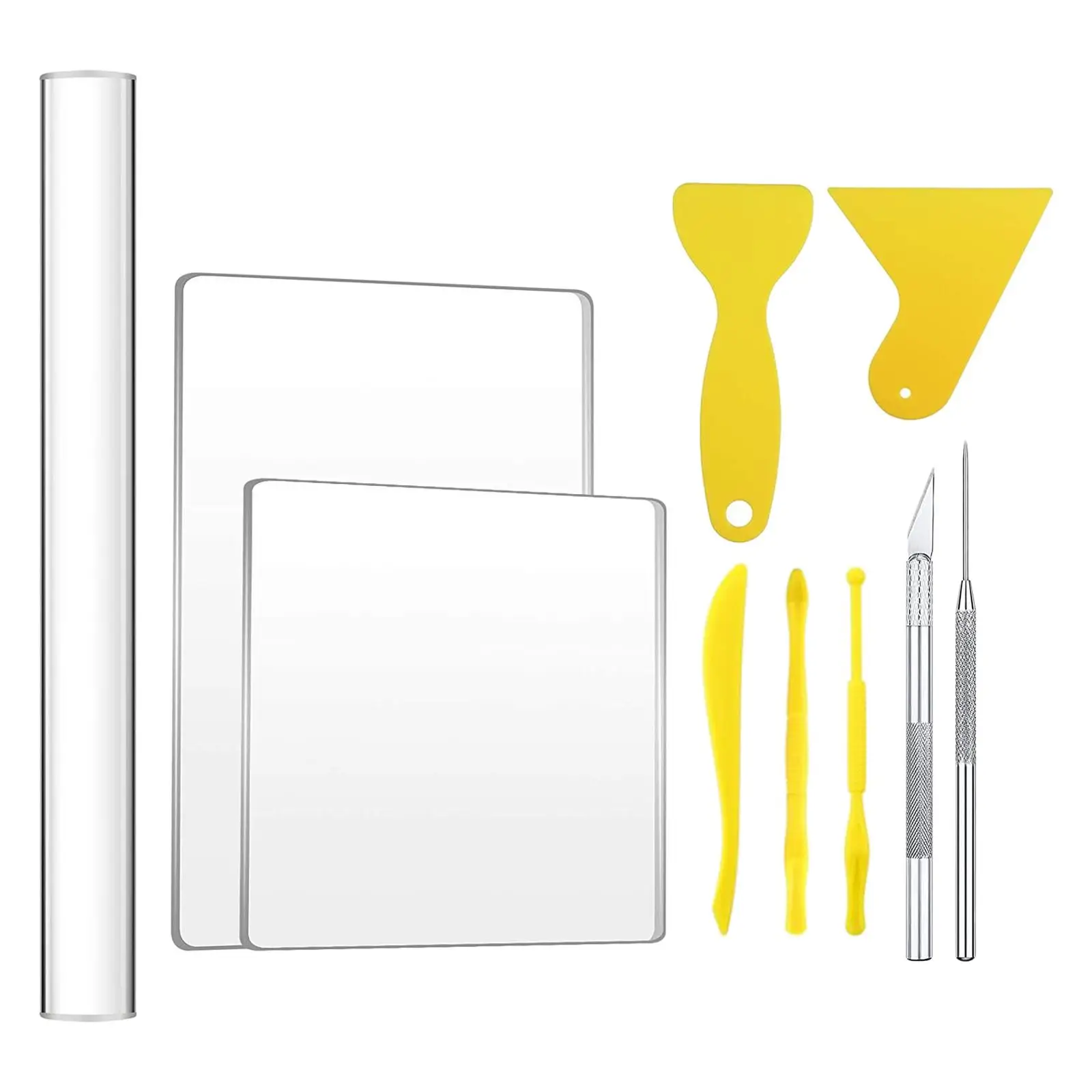 아크릴 시트 백킹 보드가있는 10x 아크릴 클레이 롤러 보조 삽 고무 클레이 도..