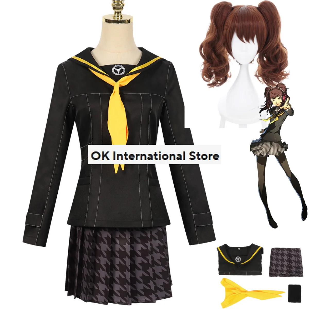 

Anime Game Persona 4 Kujikawa Rise Cosplay Costume P4 Wig Black JK School Uniforms Plaid Skirt Woman Lovely Campus Sailor Suit