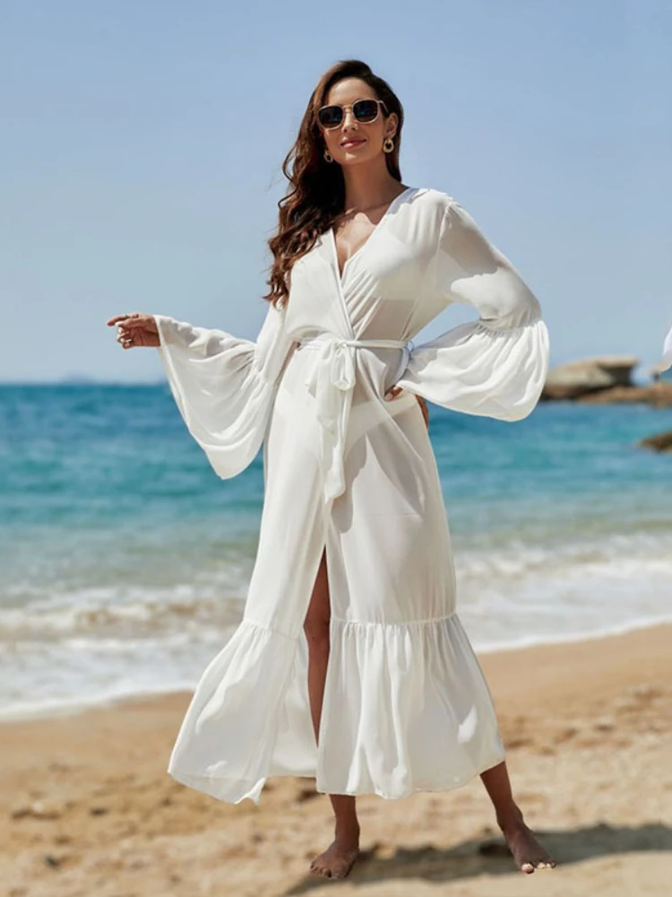 Пляжная накидка для женщин, белое шифоновое кимоно с расклешенными рукавами, с самостоятельным поясом и оборками, накидка для купания, элегантный парео, купальный костюм
