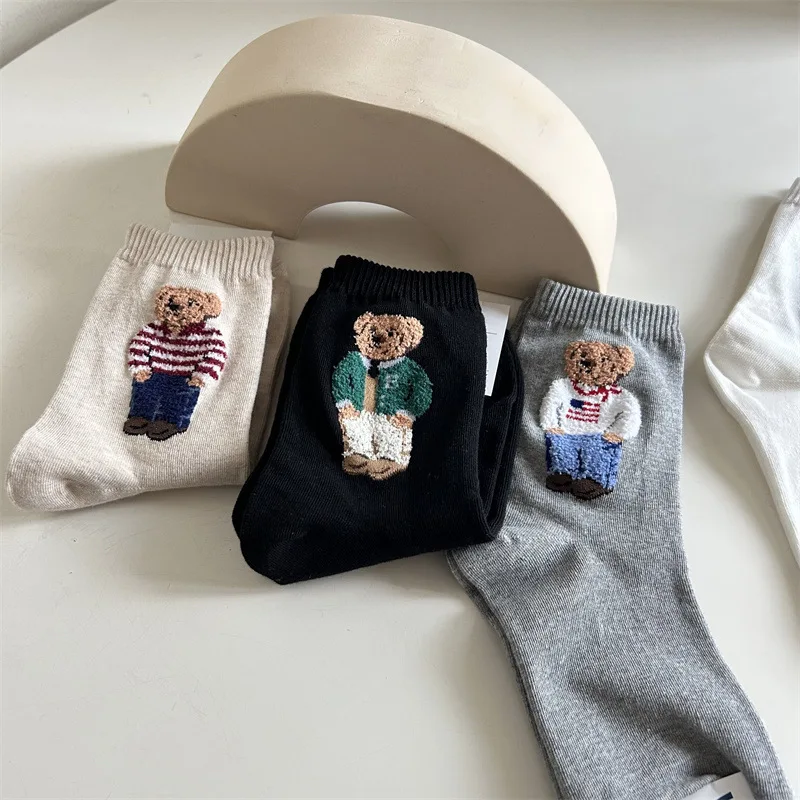 Women's Cartoon Bear Mid-Calf Cotton Socks Casual Sweater Female Socks Comfortable Long Middle tube