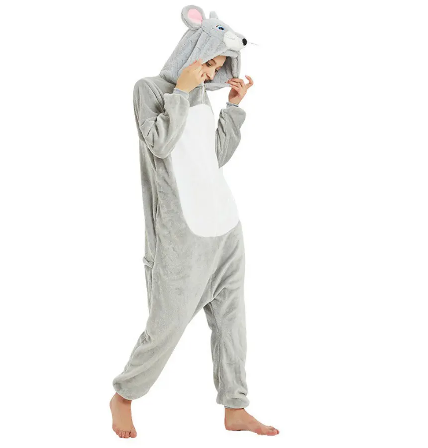 Flannel Gray Mouse Onesies Kigurumi Adult Grey Rat Pajamas Nightgown Cosplay Costume Animal Pyjamas Sleepwear Set