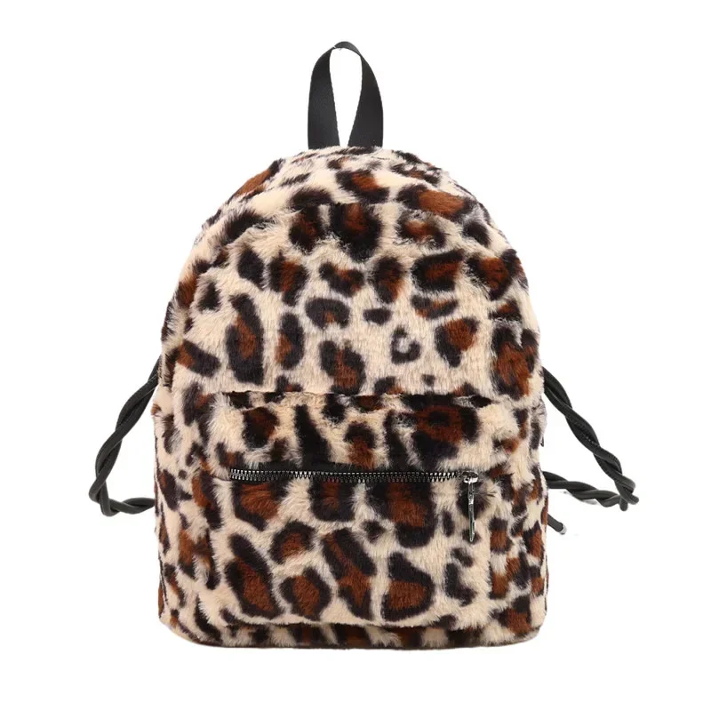 Premium Texture Double Shoulder European and American Style Retro Leopard Print Women's Backpack Winter Casual Plush Backpack 5