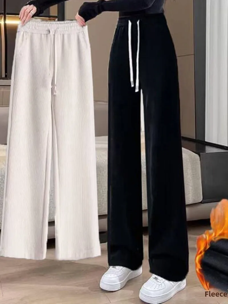 High Waist Wide Leg Pants Women's Fce Lined European Cotton Velvet Spring Autumn Winter Loose Fit Casual Straight Leg Trou...