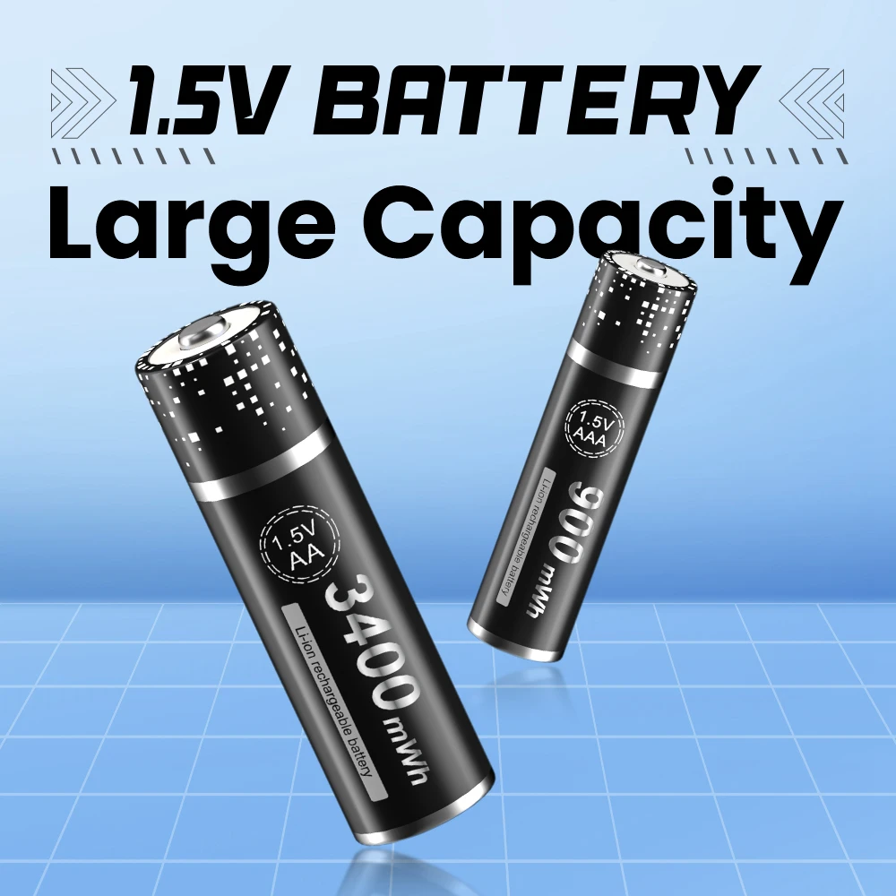 1.5V AA AAA Li-ion Rechargeable Battery 900mWh AAA/3400mWh AA Rechargeable Batteries & 8-slot LCD Smart Lithium Battery Charger