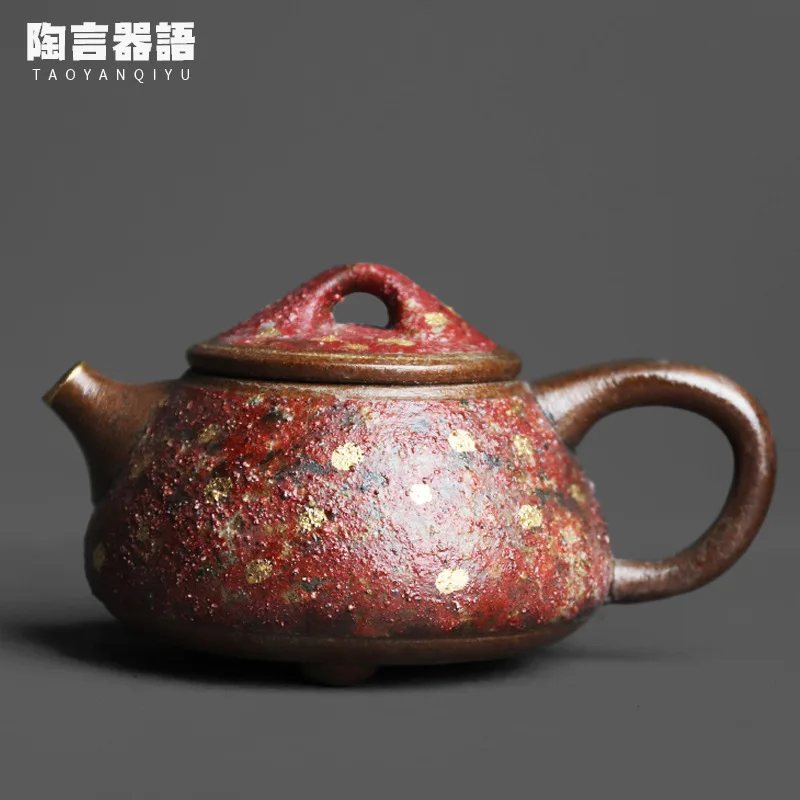 

Red Ore Pottery 24K Gold Painting Craft Teapot Handmade Vintage Ceramic Coffee Wine Tea Brewing Pot