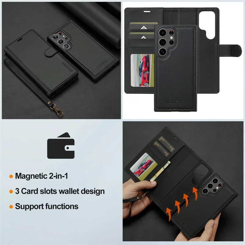 Magnetic Leather Wallet Phone Case with Lanyard Cover