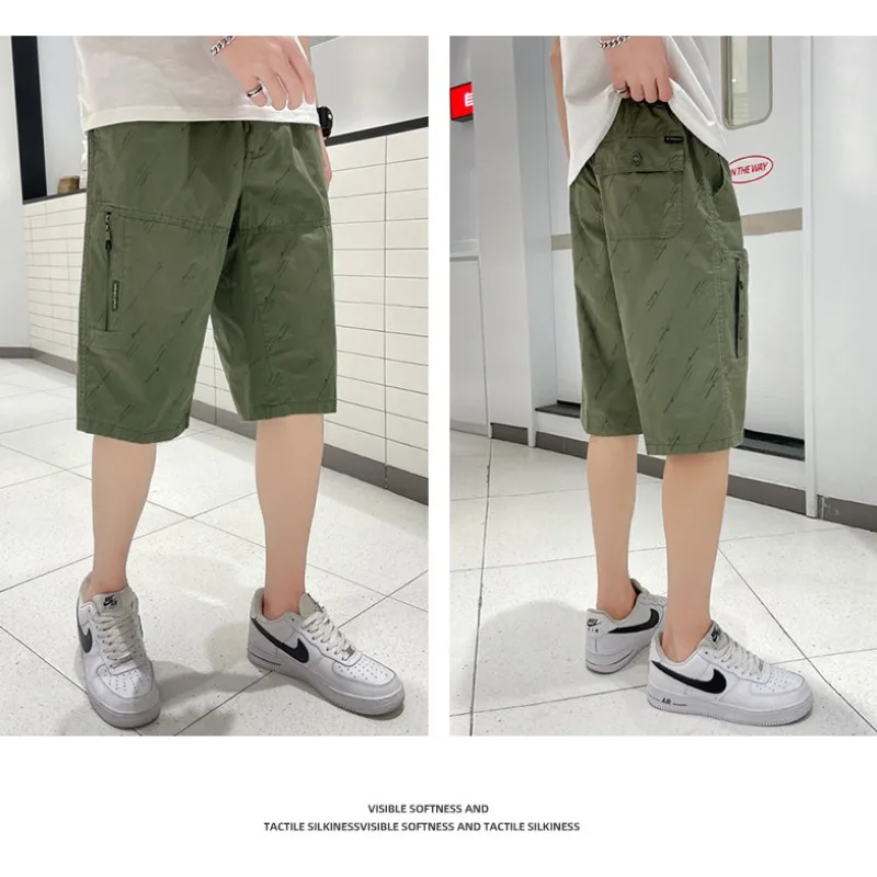 Men's Sweatpants Over Knee Summer Board Shorts Work Clothes Pure Cotton Casual Loose Breeches Fashion Multiple Pockets Pants