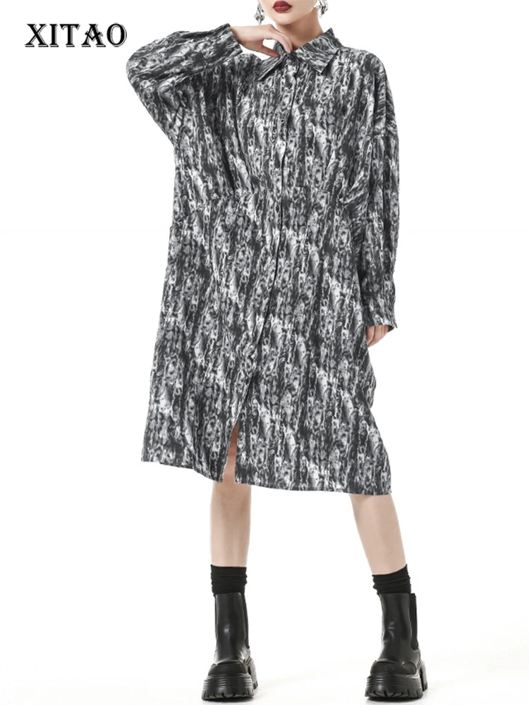 

XITAO Long Sleeve Print Loose Dress Slimming Trend Single Breasted Women Winter New Casual Turn Down Collar Dress DMJ3781