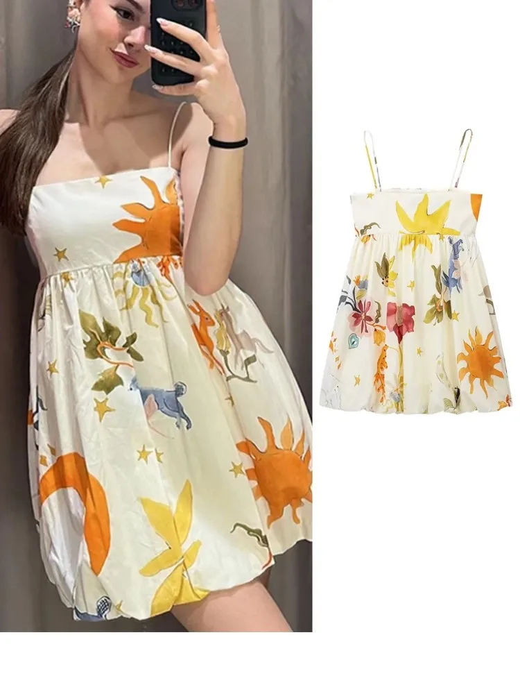 

Женская плиссированная юбка с принтом солнца, без рукавов, с открытой спиной, с высокой талией, короткая юбка, повседневная, Женская праздничная, на весну/лето, 2024