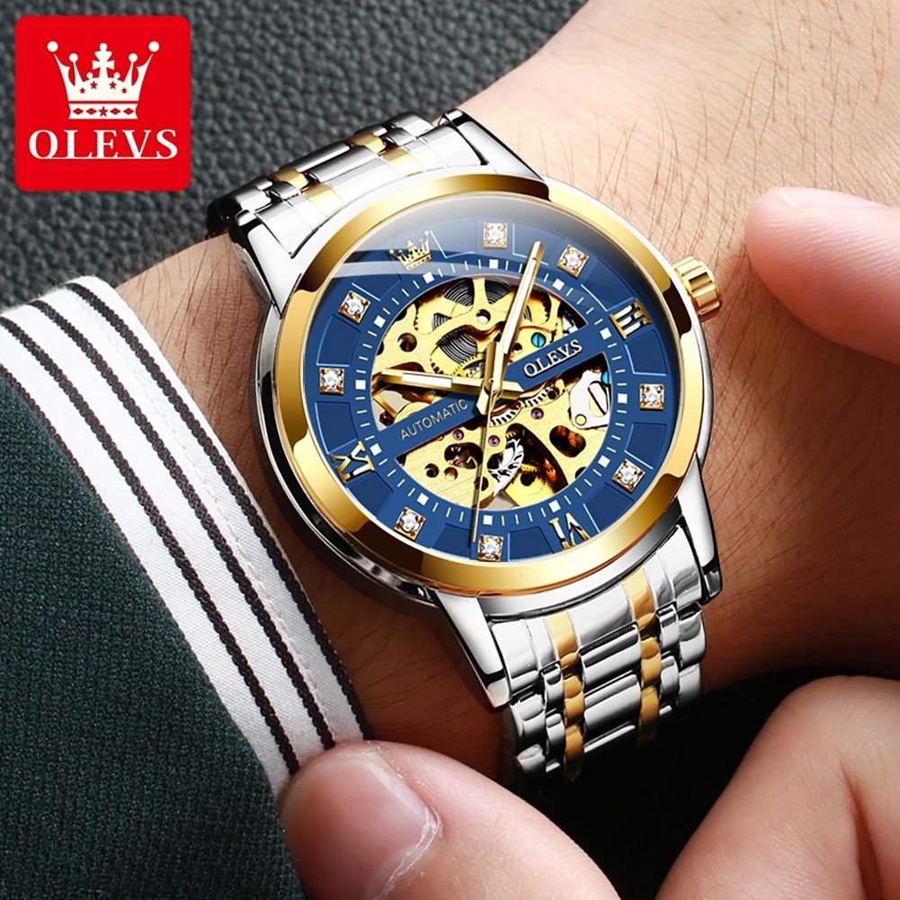 OLEVS New Fashion Skeleton Mechanical Watch for Men Stainless Steel Waterproof Automatic Hollow Watches Mens Relogio Masculino