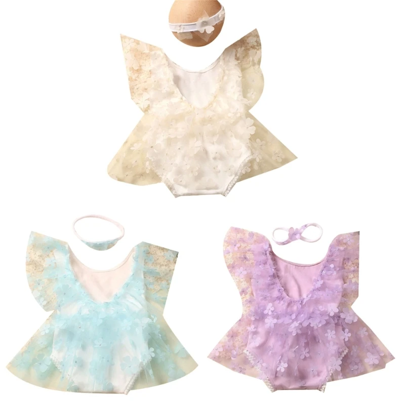 

F62D Newborns Photoshooting Props Headwear & Lace Romper Posing Clothes Shower Gift